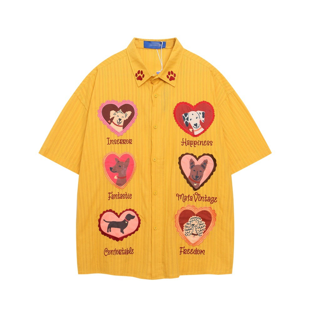 Cartoon Dog Embroidered Short Sleeve Shirt for Men