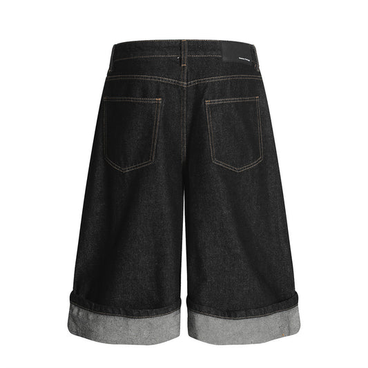 Men's Color Block Turn-up Straight Jeans Shorts - Harajuku Style