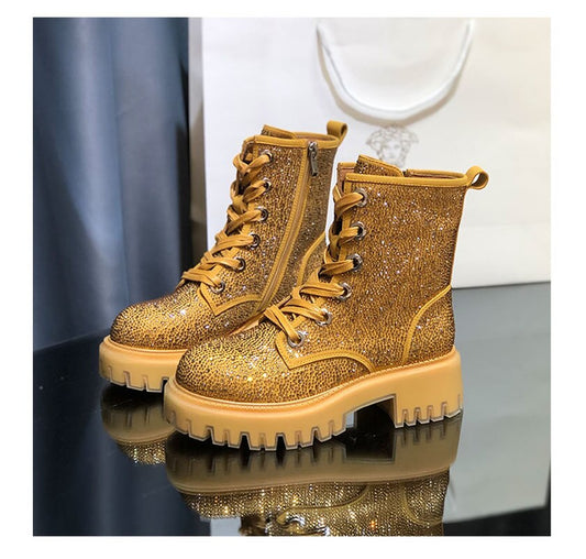 Gold Harajuku Style Rhinestone  Boots - Thick Bottom Design