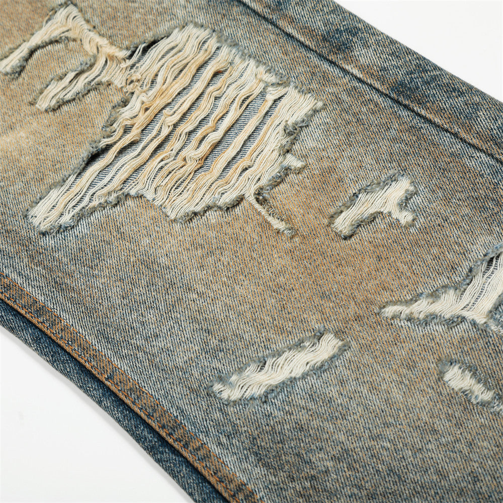 Post-Apocalyptic Heavy-Duty Distressed Denim Pants for Men