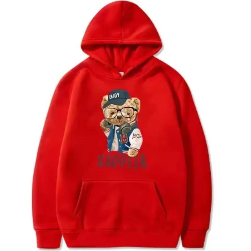 Cartoon Cute Bear Pattern Printed Hooded Sweatshirt Unisex Long Sleeve Casual Outerwear Top
