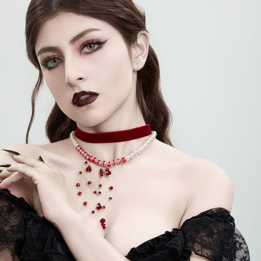 Gothic Pearl Choker Necklace with Blood Drop Tassel