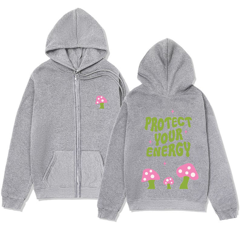 "Protect Your Energy" Letter Mushroom Print Zipper Hoodie