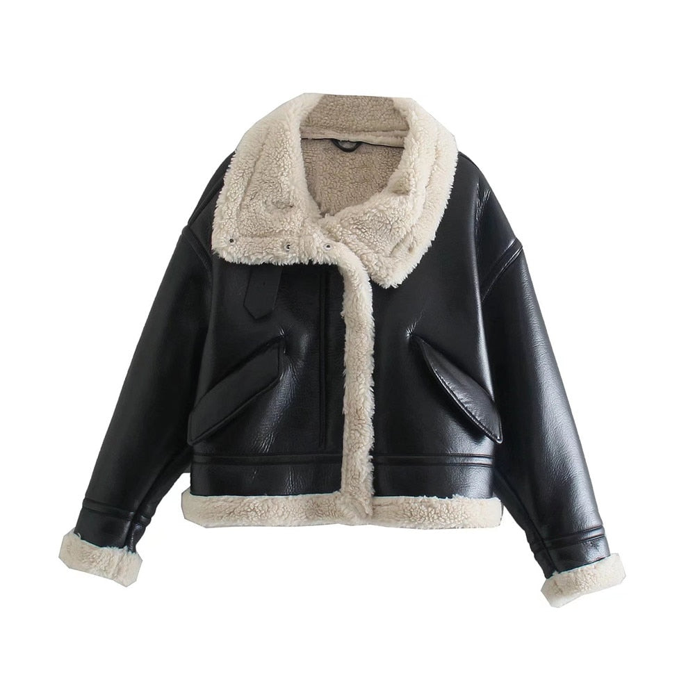 Chic Women’s Faux Leather Shearling Jacket - Harajuku Style