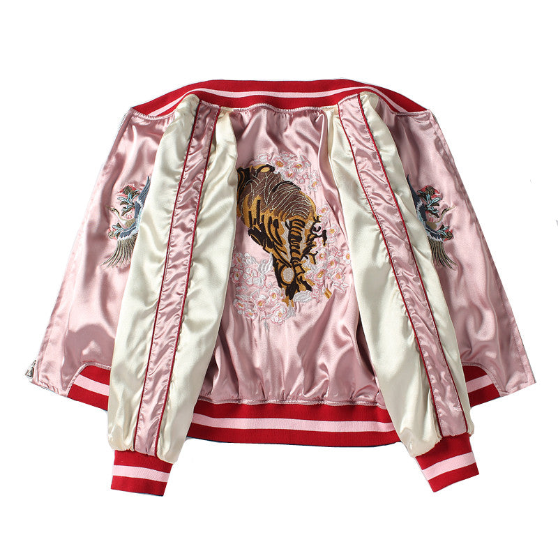 Double-Sided Pink Embroidery Tiger Coat for Women