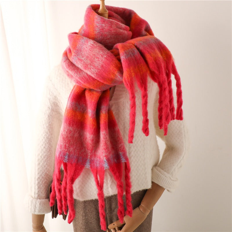 Thick Striped Imitation Cashmere Scarf with Tassels