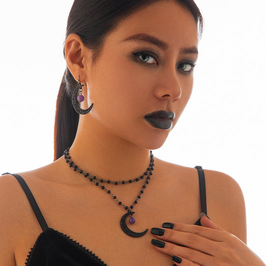 Gothic Moon Alloy Necklace & Lace Tassel Collar Set