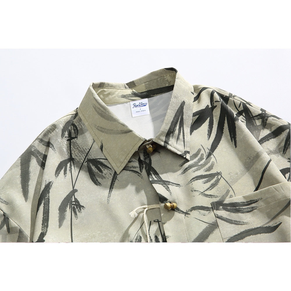 Bamboo Leaf Printed Loose Fitting Shirt