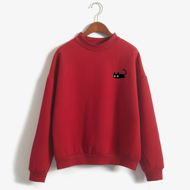 Kawaii Black Cat Turtleneck Sweatshirt for Women