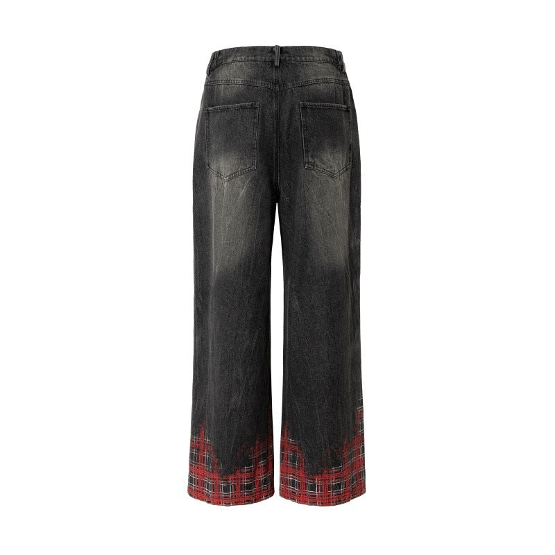 Hanging Chain Plaid Printed Wide Leg Denim Pants
