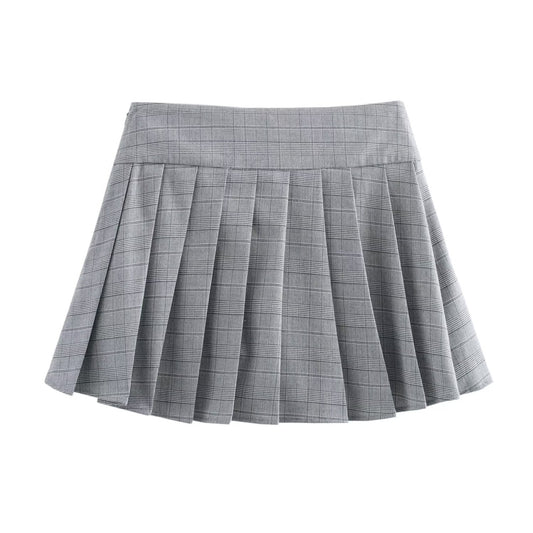Playful Pleated Plaid Half Skirt with Buckle Decoration