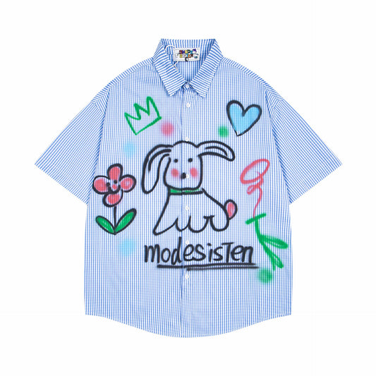 Retro Fun Dog Graffiti Print Stripe Short Sleeve Shirt Men Loose Casual Couple Summer Shirt