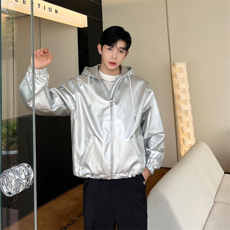 Oversized Waterproof Silver PU Leather Jacket for Men