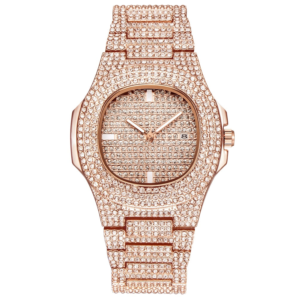 Luxury Diamond Men's Quartz Watch - Gold Stainless Steel