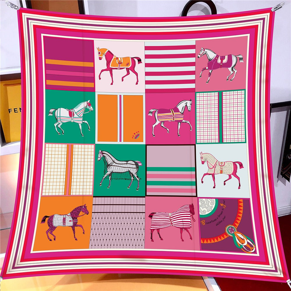 Colored Checkered Horse Silk Square Scarf - Versatile Shawl