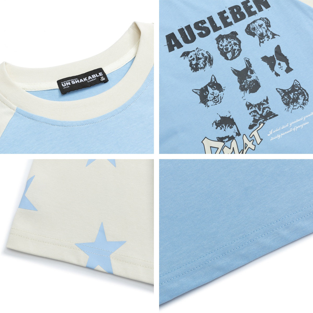 Retro Color-Block Dog Letter Print Raglan T-Shirt