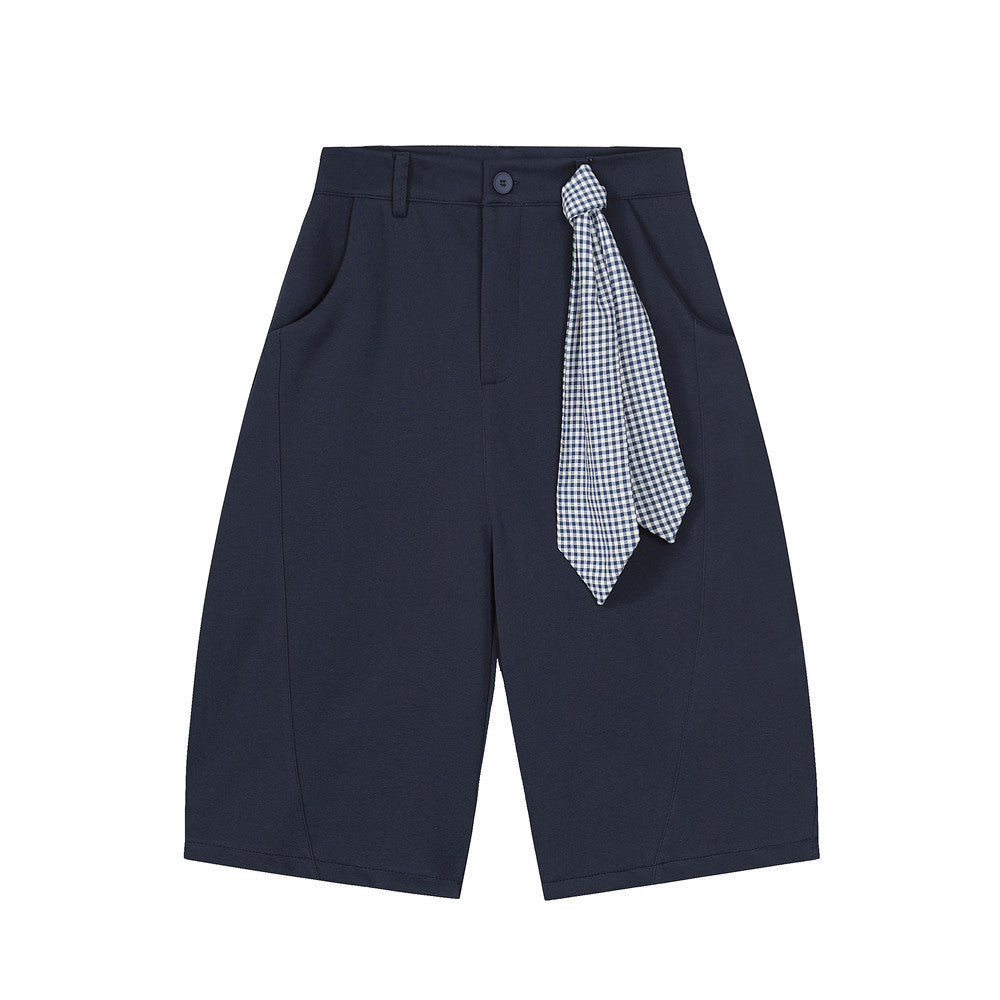 Trendy Arc-Shaped Casual Shorts with Detachable Plaid Scarf