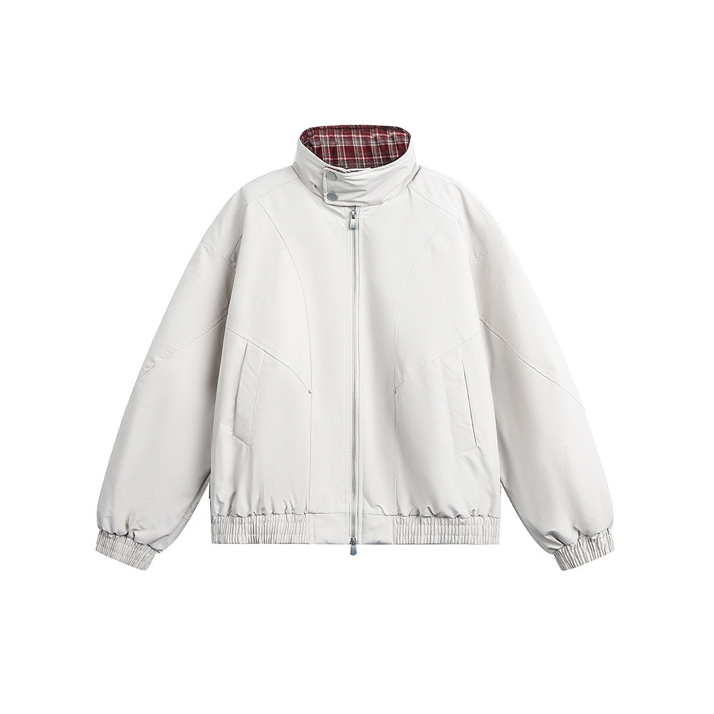 Splicing Plaid Stand-Up Collar Loose Jacket