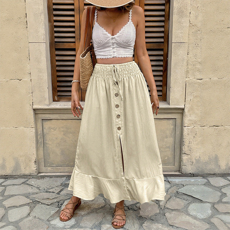 Retro Elastic Waist Button Half Skirt with Split