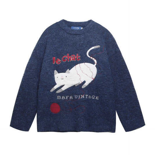 Cat Embroidered Knitted Sweatshirt