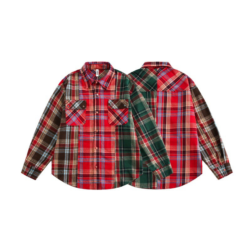 Harajuku Style Loose Plaid Patchwork Long Sleeve Shirt