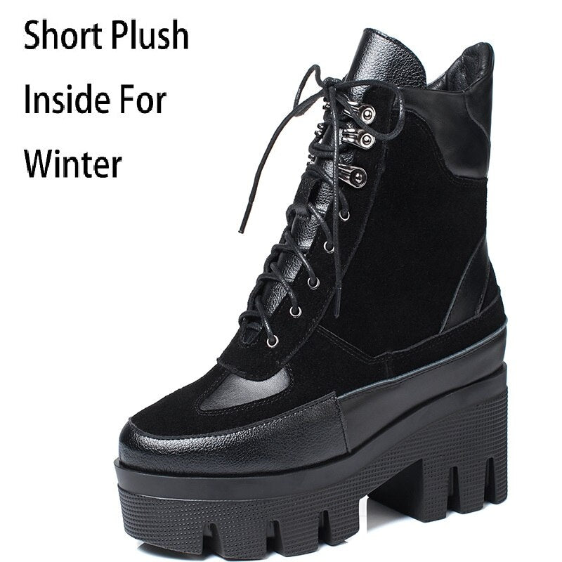 Chunky Platform Cow Leather Ankle Boots for Women