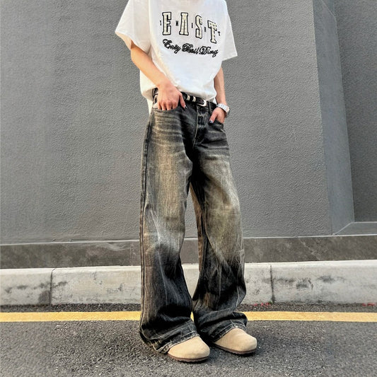 Harajuku-Style Washed Retro Distressed Wide Leg Denim Pants