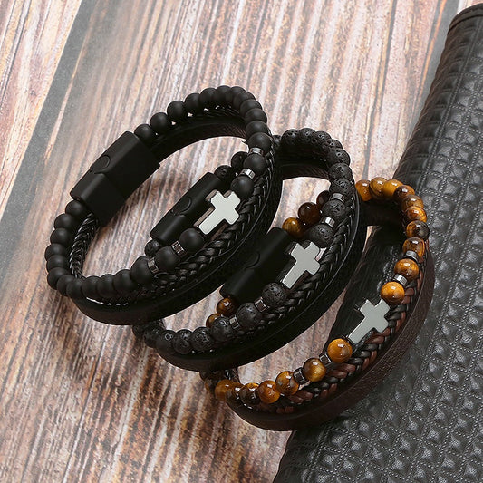 Men's Tiger Eye Stone Cross Bracelet - Harajuku Style