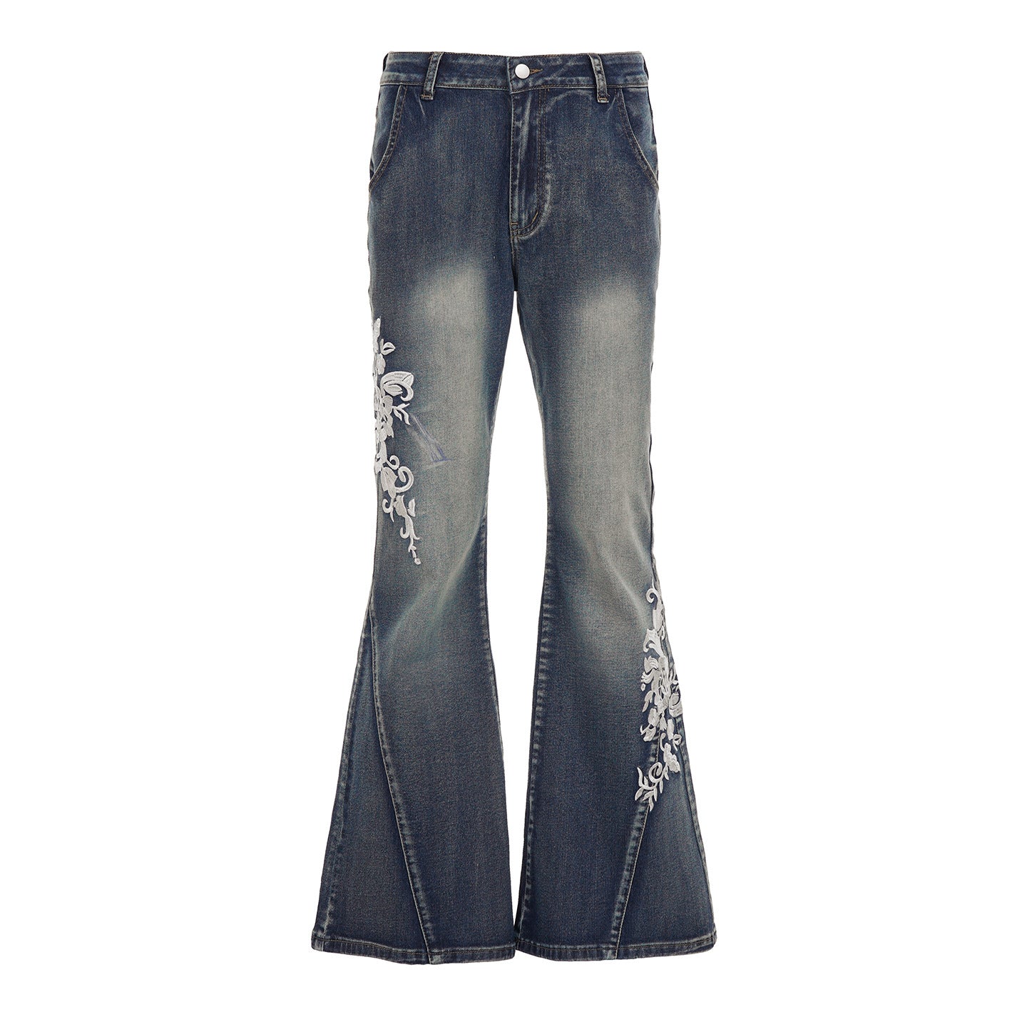 Floral Embroidery Low Waist Flare Jeans for Women