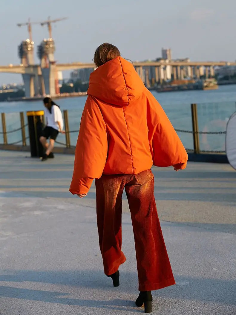 Harajuku Style Women's Oversized Down Parka - Fluffy Orange Red