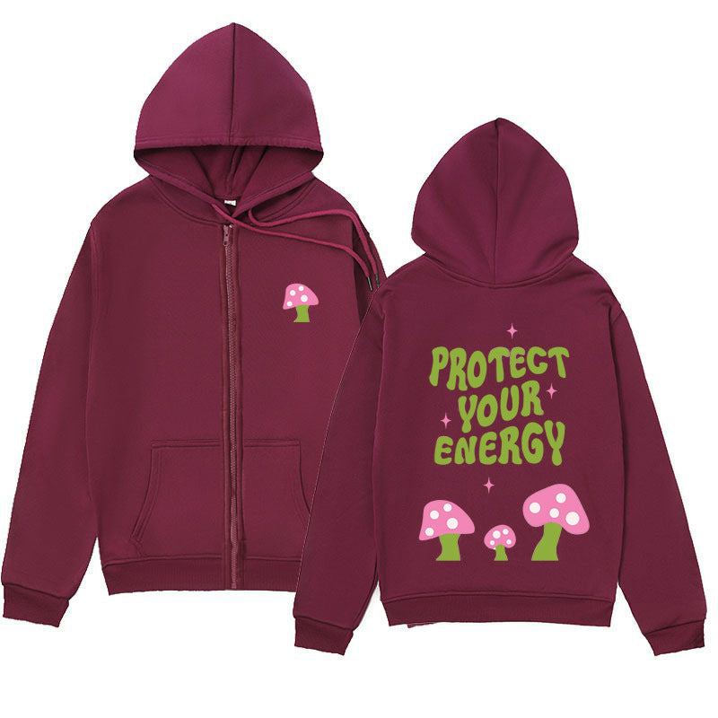 "Protect Your Energy" Letter Mushroom Print Zipper Hoodie