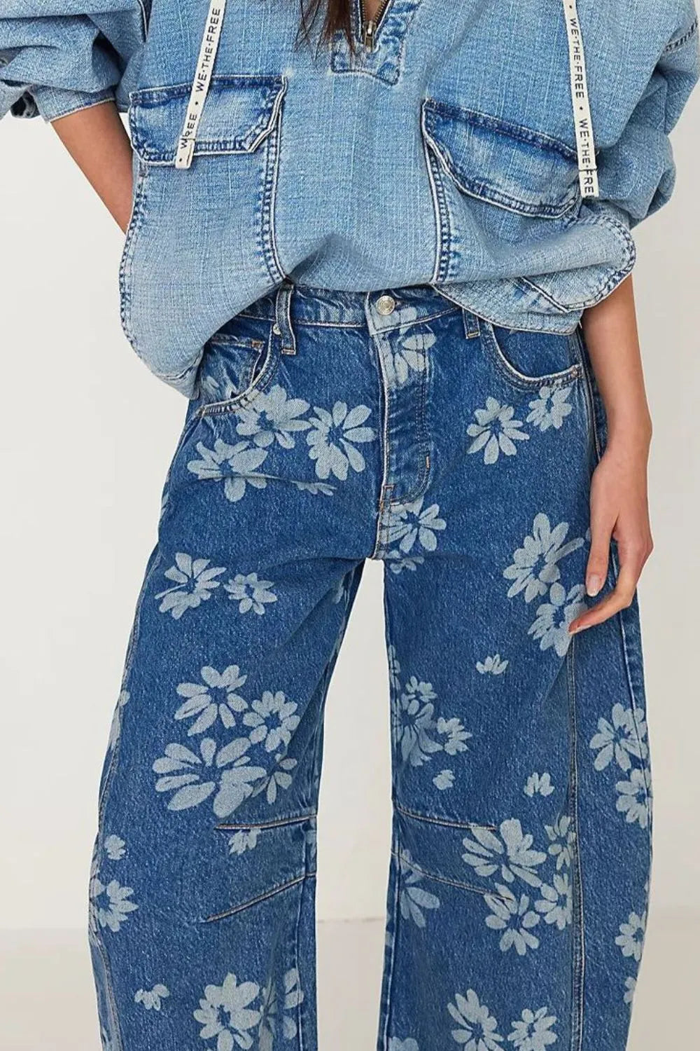 Flower Print Wide Leg Jeans for Harajuku Style