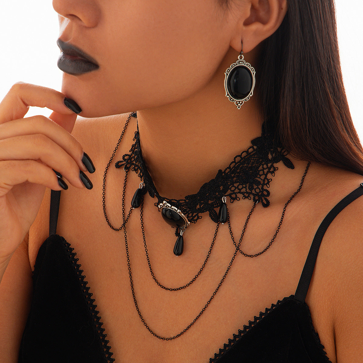 Gothic Moon Alloy Necklace & Lace Tassel Collar Set