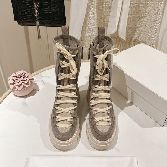 Lace-Up Mid-Calf Boots for Women - Rubber Anti-Slip Suede Ankle Boots