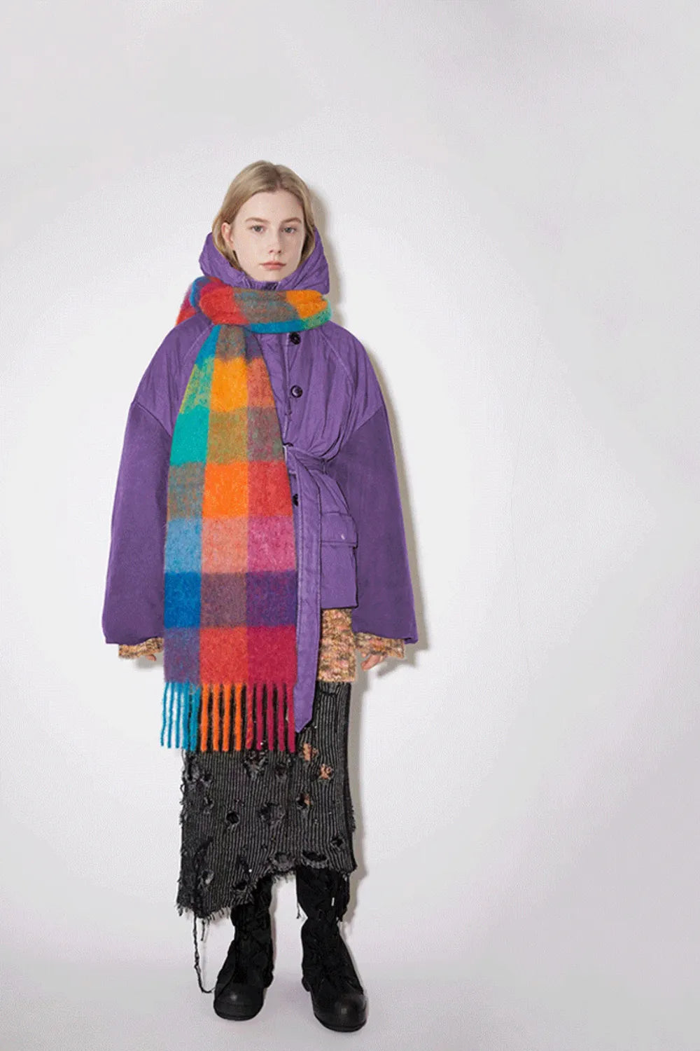 Harajuku Thermal Fringe Plaid Scarf