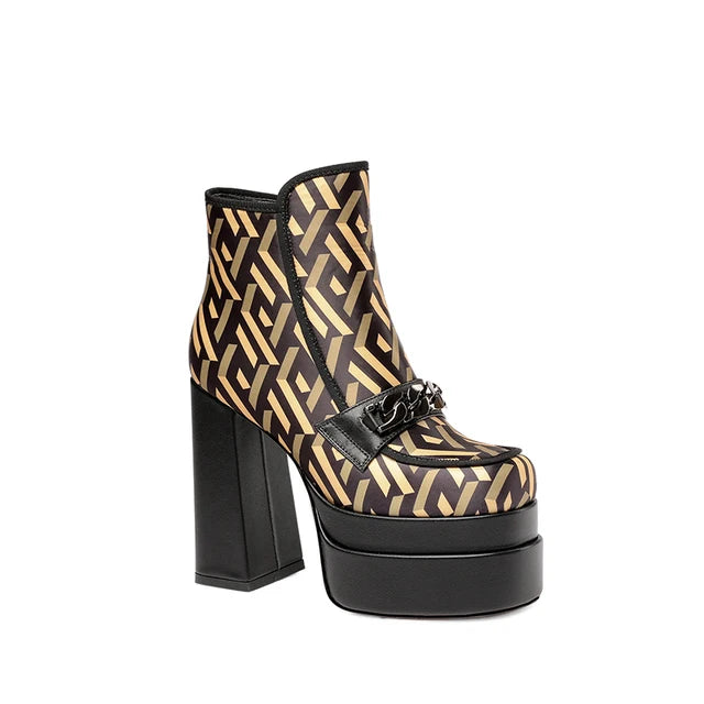 Chunky High Heels Ankle Boots with Metal Decor