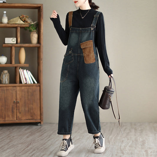 Color Blocked Oversized Denim Overalls Jumpsuit
