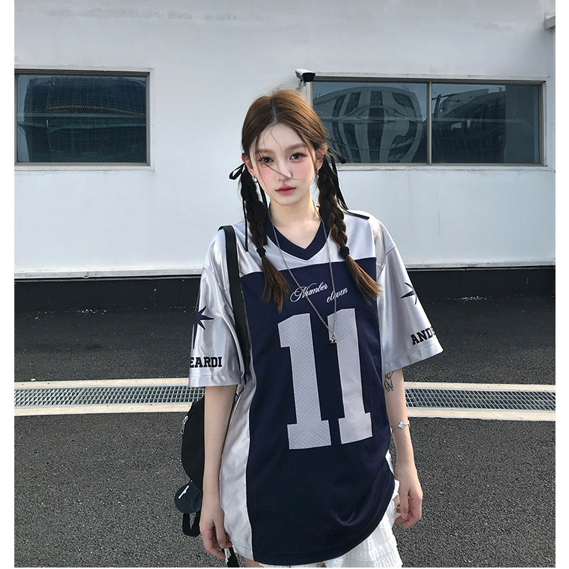Harajuku Style Satin V-Neck Jersey T-Shirt for Women
