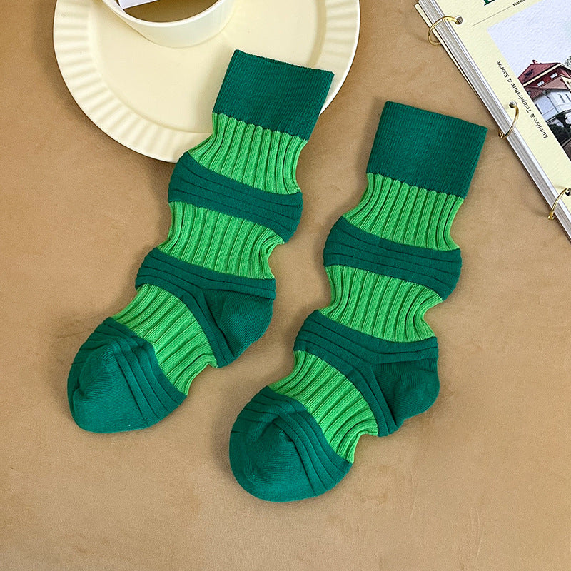 Harajuku Style Pleated Mid-Tube Socks - Contrast Color Cotton