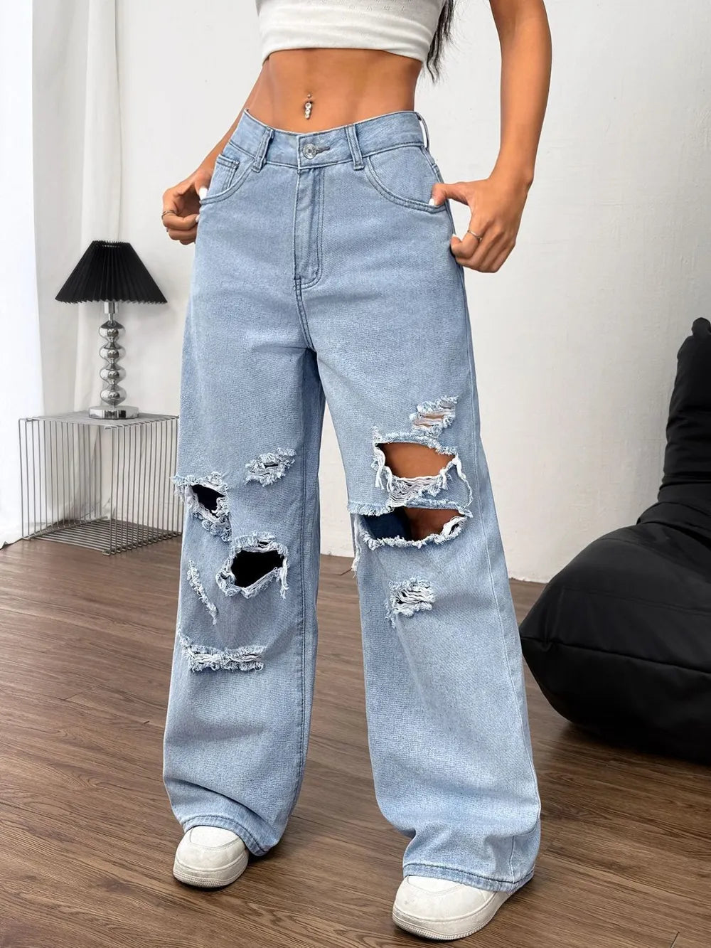 Distressed Wide Leg Jeans with Pockets - Harajuku Style