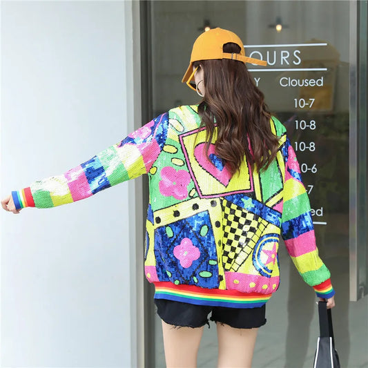 Playful Geometric Print Long Sleeve Jacket for Women