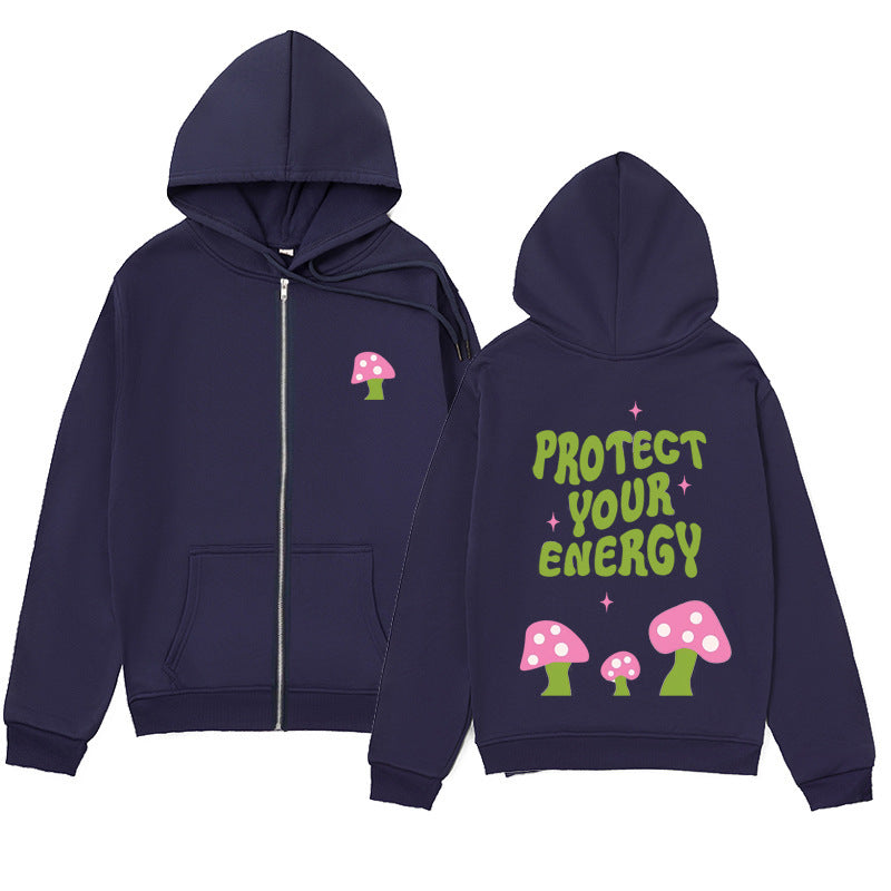 "Protect Your Energy" Letter Mushroom Print Zipper Hoodie