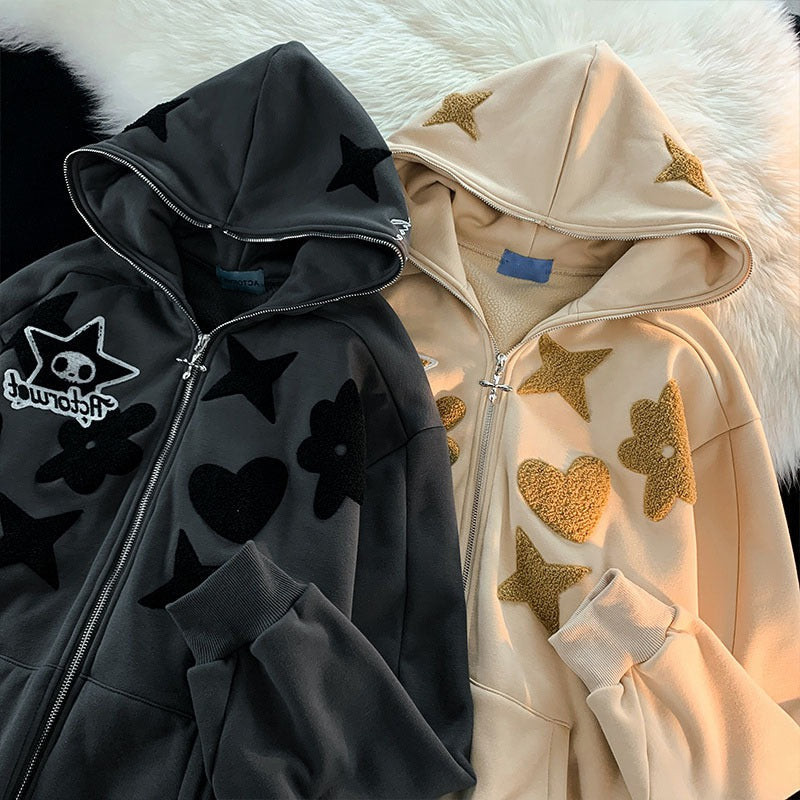 Harajuku Style Velvet Letter Embroidery Hoodie Cardigan