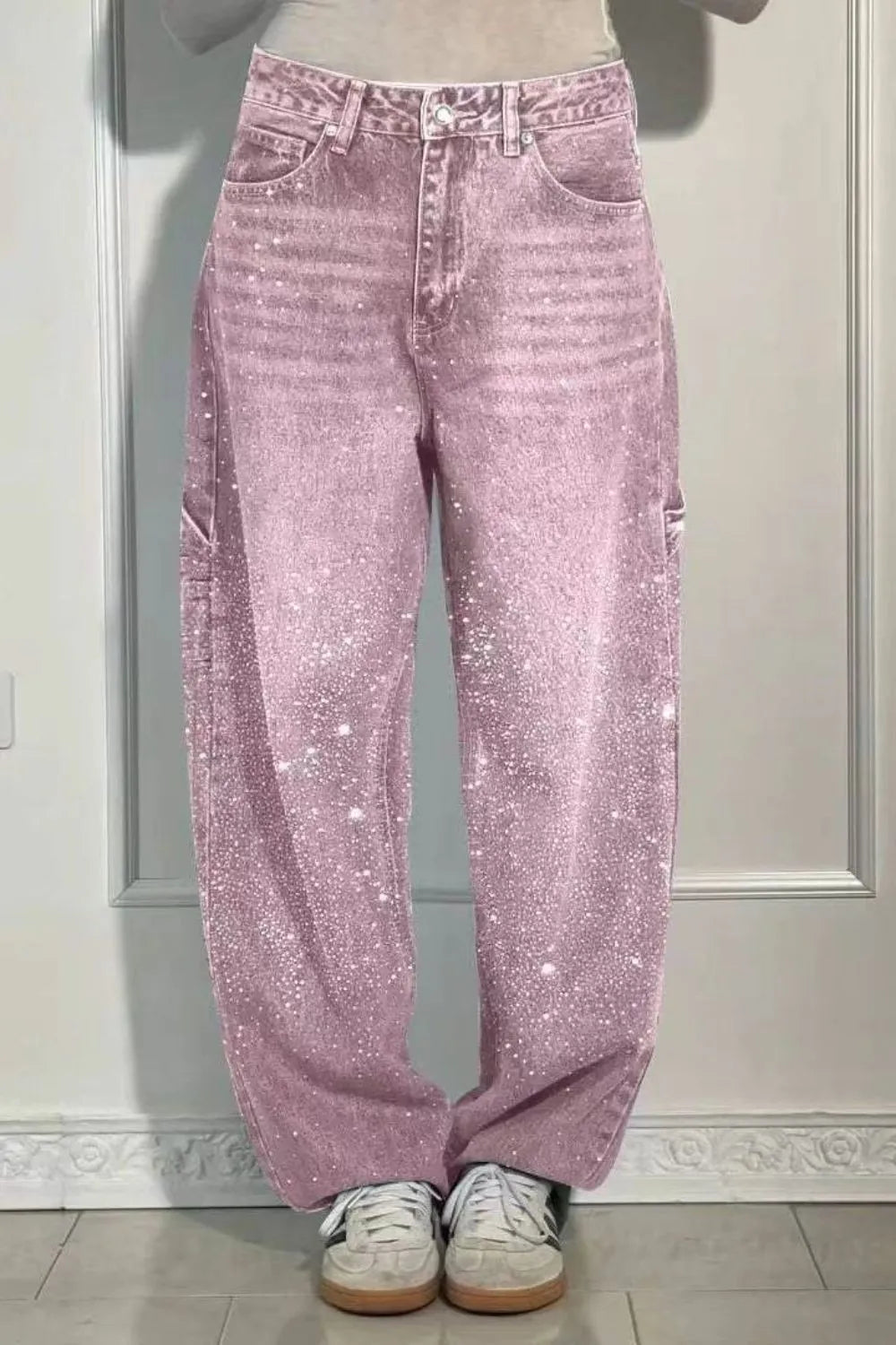 Plus Size Washed Rhinestone Detail Wide Leg Jeans