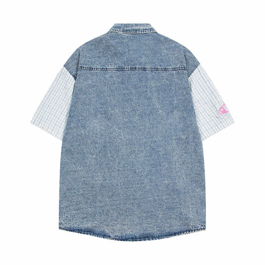 Playful Cartoon Denim Collar Shirt for Men & Women