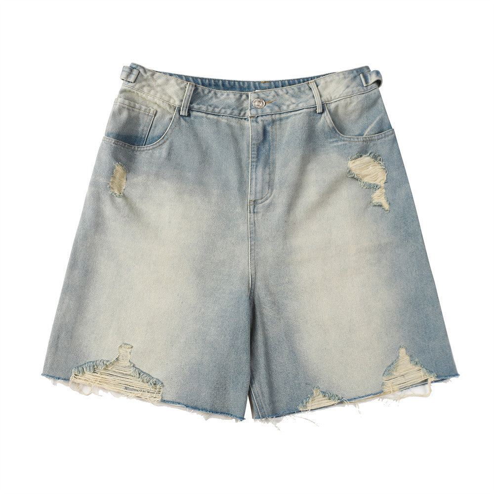 Heavy Distressed Denim Shorts for Men's Harajuku Style