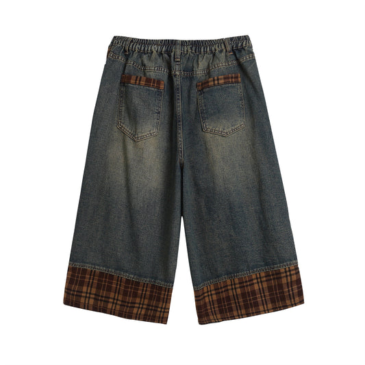 Retro Washed Patchwork Three-Quarter Pants