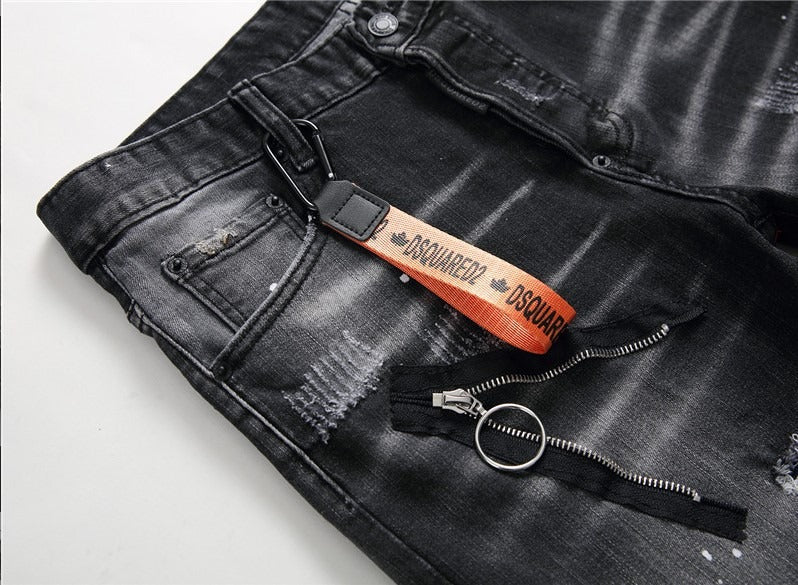 Harajuku Style Black & Gray Distressed Zipper Jeans for Men