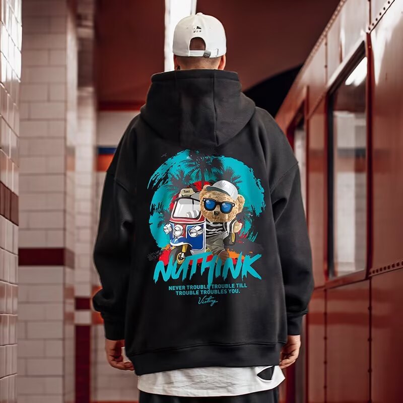 Playful Cartoon Bear Oversized Hoodie for Men