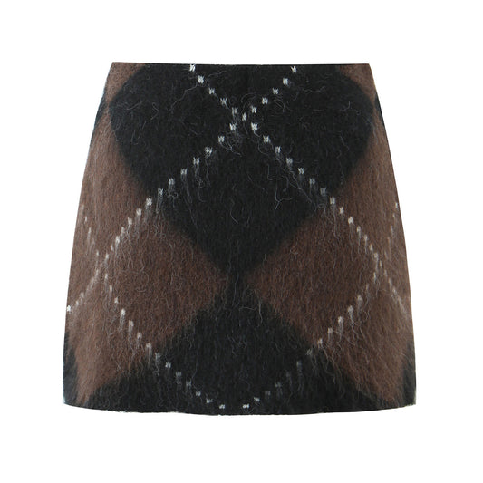 Casual Woolen Mini Plaid Waist-Hugging Skirt